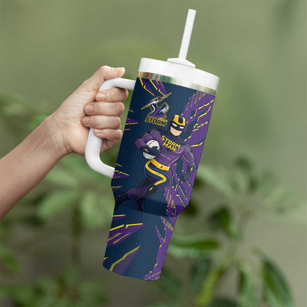 Personalized Melbourne Storm Tumbler With Handle Dynamic Lightning Mascot Rugby Australia