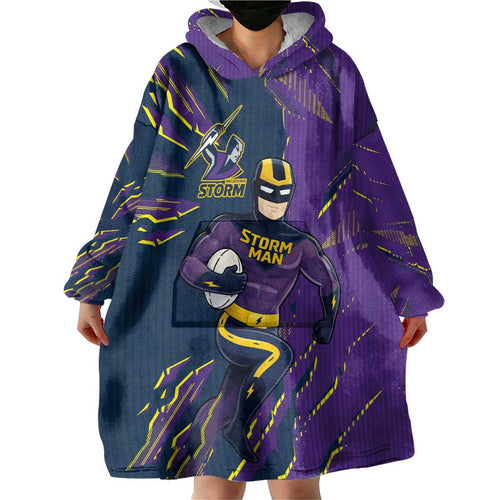 Personalized Melbourne Storm Wearable Blanket Hoodie Dynamic Lightning Mascot Rugby Australia