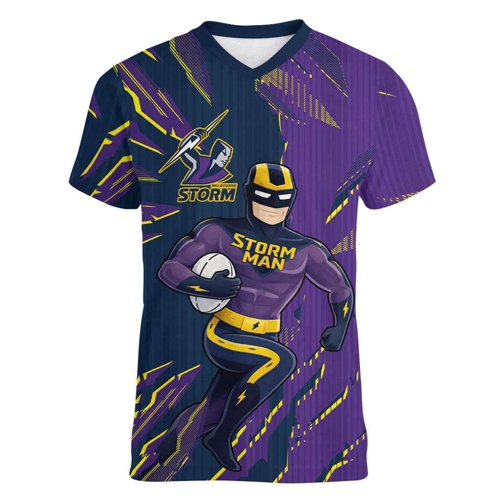 Personalized Melbourne Storm Women V-Neck T-Shirt Dynamic Lightning Mascot Rugby Australia