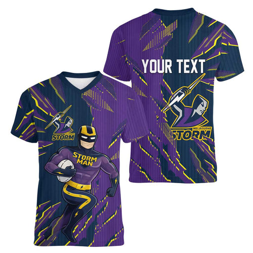 Personalized Melbourne Storm Women V-Neck T-Shirt Dynamic Lightning Mascot Rugby Australia