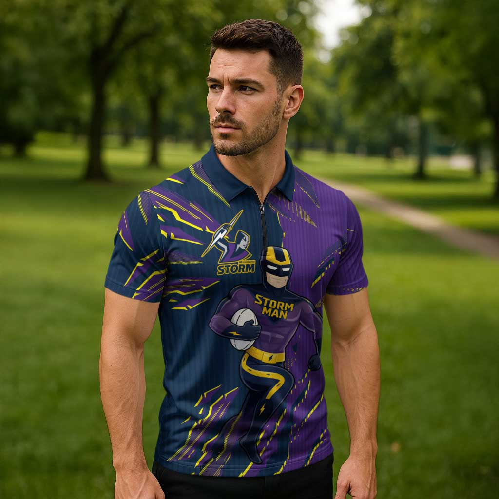 Personalized Melbourne Storm Zipper Polo Shirt Dynamic Lightning Mascot Rugby Australia