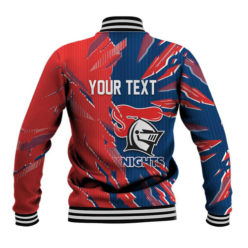 Personalized Newcastle Knights Baseball Jacket Dynamic Lightning Mascot Rugby Australia