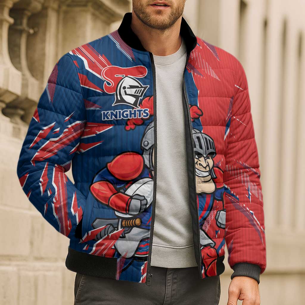 Personalized Newcastle Knights Bomber Puffer Jacket Dynamic Lightning Mascot Rugby Australia