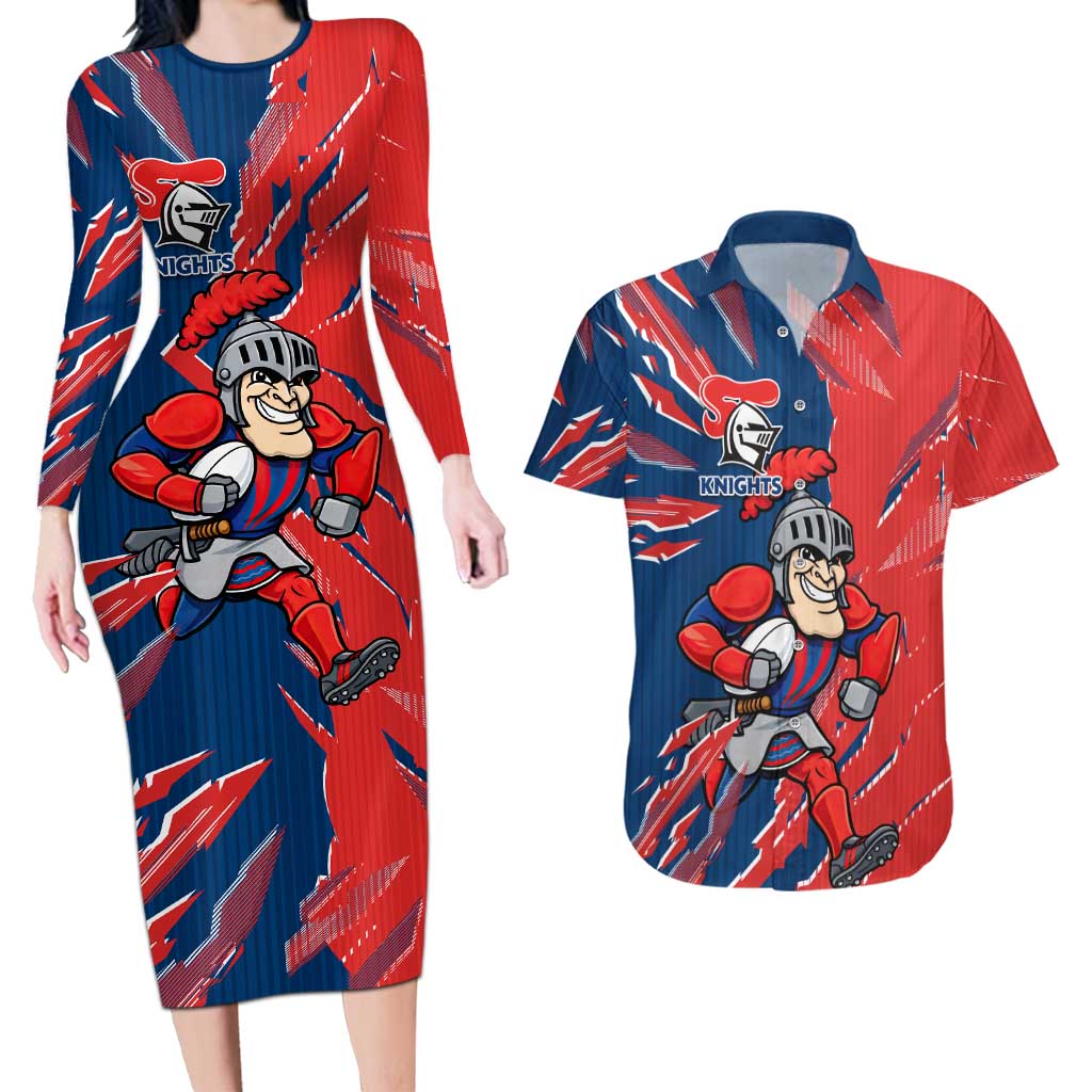 Personalized Newcastle Knights Couples Matching Long Sleeve Bodycon Dress and Hawaiian Shirt Dynamic Lightning Mascot Rugby Australia