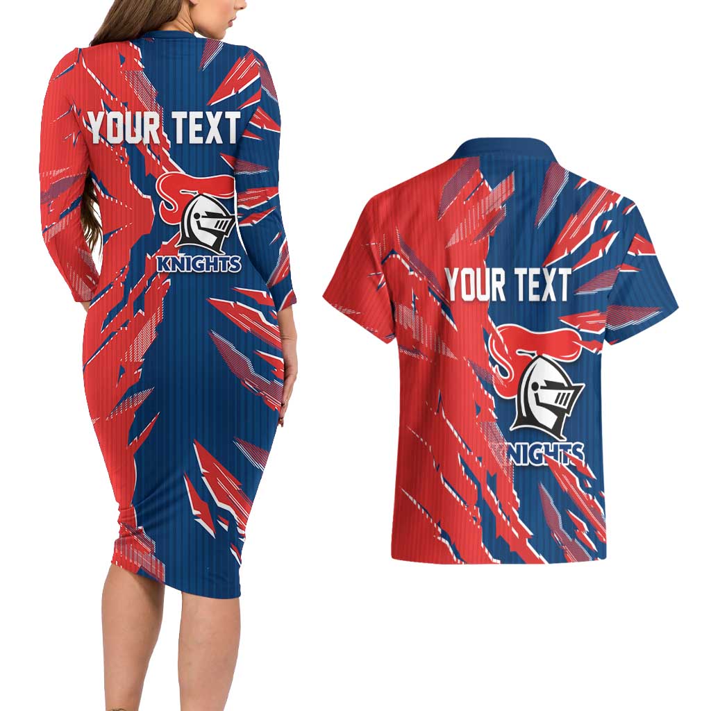 Personalized Newcastle Knights Couples Matching Long Sleeve Bodycon Dress and Hawaiian Shirt Dynamic Lightning Mascot Rugby Australia