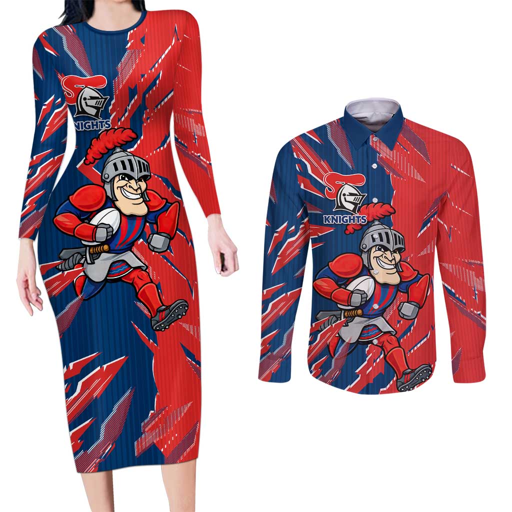 Personalized Newcastle Knights Couples Matching Long Sleeve Bodycon Dress and Long Sleeve Button Shirt Dynamic Lightning Mascot Rugby Australia