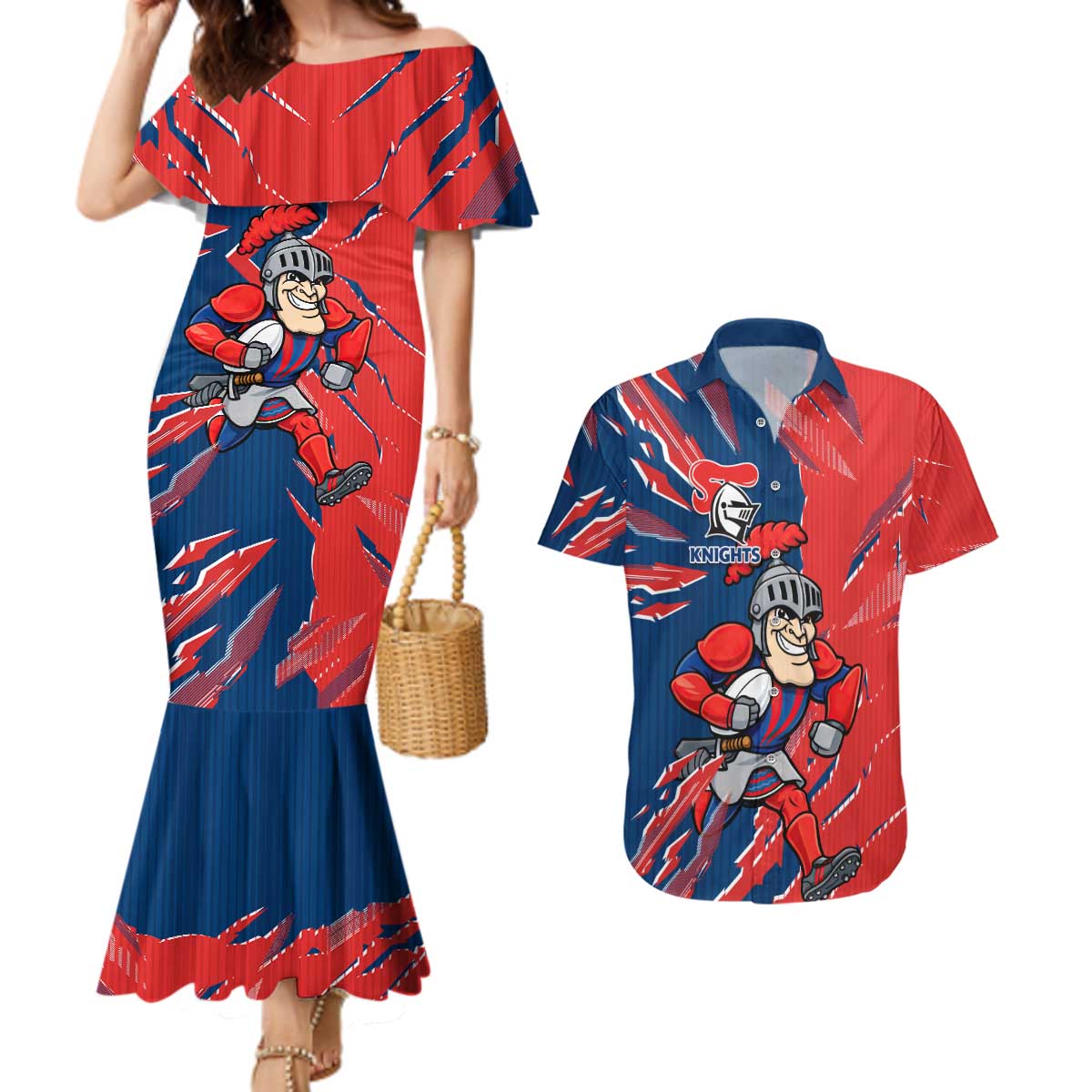 Personalized Newcastle Knights Couples Matching Mermaid Dress and Hawaiian Shirt Dynamic Lightning Mascot Rugby Australia