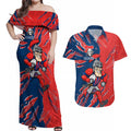 Personalized Newcastle Knights Couples Matching Off Shoulder Maxi Dress and Hawaiian Shirt Dynamic Lightning Mascot Rugby Australia