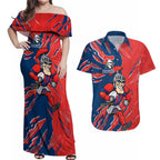 Personalized Newcastle Knights Couples Matching Off Shoulder Maxi Dress and Hawaiian Shirt Dynamic Lightning Mascot Rugby Australia