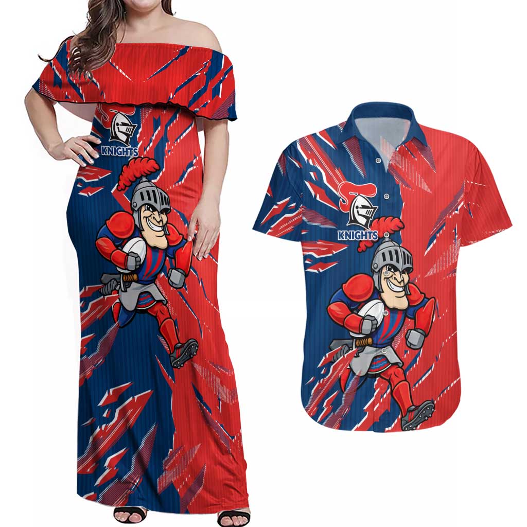 Personalized Newcastle Knights Couples Matching Off Shoulder Maxi Dress and Hawaiian Shirt Dynamic Lightning Mascot Rugby Australia