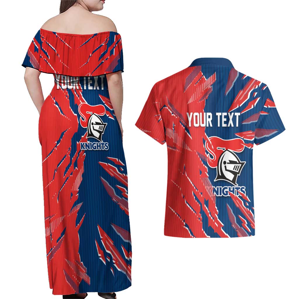 Personalized Newcastle Knights Couples Matching Off Shoulder Maxi Dress and Hawaiian Shirt Dynamic Lightning Mascot Rugby Australia