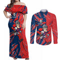 Personalized Newcastle Knights Couples Matching Off Shoulder Maxi Dress and Long Sleeve Button Shirt Dynamic Lightning Mascot Rugby Australia