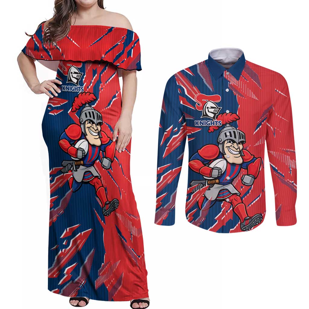 Personalized Newcastle Knights Couples Matching Off Shoulder Maxi Dress and Long Sleeve Button Shirt Dynamic Lightning Mascot Rugby Australia