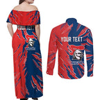 Personalized Newcastle Knights Couples Matching Off Shoulder Maxi Dress and Long Sleeve Button Shirt Dynamic Lightning Mascot Rugby Australia