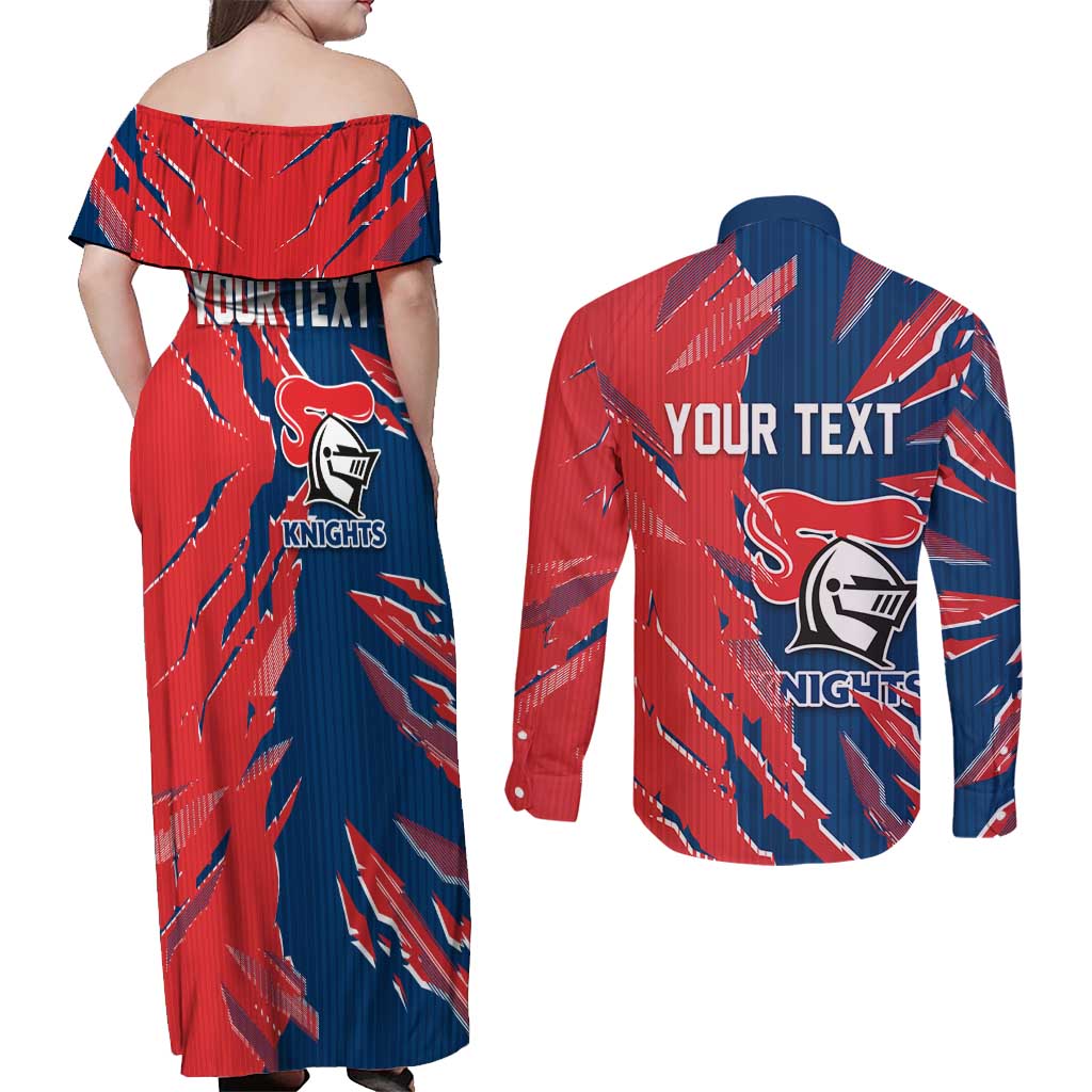 Personalized Newcastle Knights Couples Matching Off Shoulder Maxi Dress and Long Sleeve Button Shirt Dynamic Lightning Mascot Rugby Australia