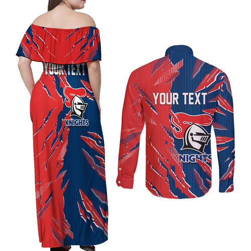 Personalized Newcastle Knights Couples Matching Off Shoulder Maxi Dress and Long Sleeve Button Shirt Dynamic Lightning Mascot Rugby Australia