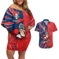 Personalized Newcastle Knights Couples Matching Off Shoulder Short Dress and Hawaiian Shirt Dynamic Lightning Mascot Rugby Australia