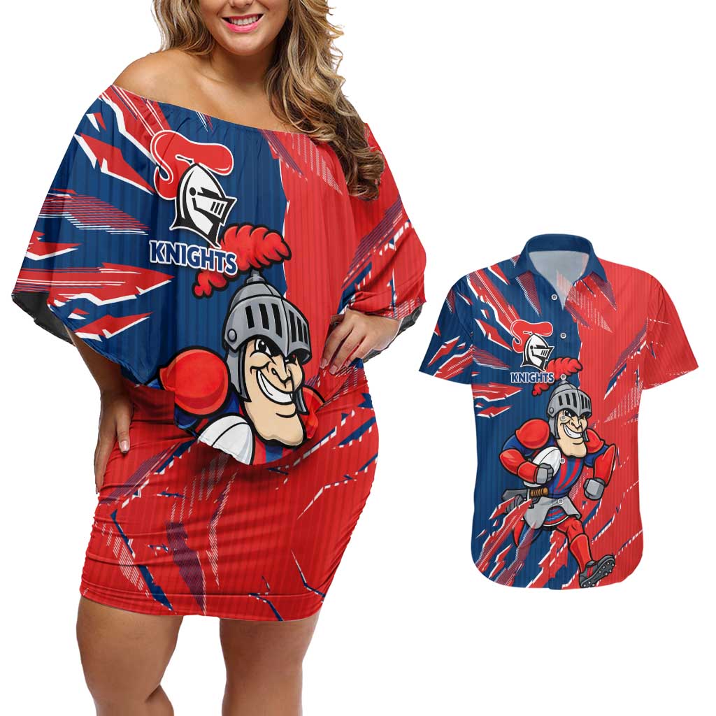 Personalized Newcastle Knights Couples Matching Off Shoulder Short Dress and Hawaiian Shirt Dynamic Lightning Mascot Rugby Australia