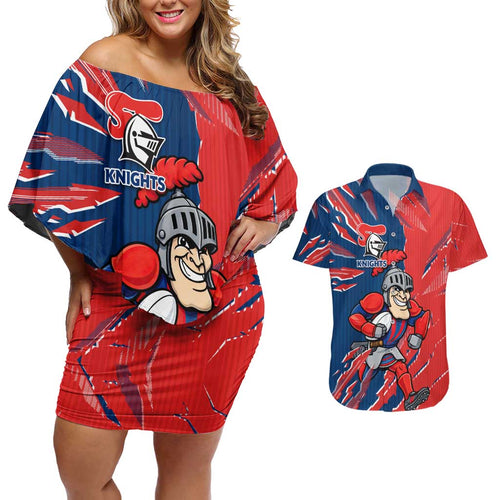 Personalized Newcastle Knights Couples Matching Off Shoulder Short Dress and Hawaiian Shirt Dynamic Lightning Mascot Rugby Australia