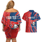 Personalized Newcastle Knights Couples Matching Off Shoulder Short Dress and Hawaiian Shirt Dynamic Lightning Mascot Rugby Australia