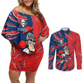 Personalized Newcastle Knights Couples Matching Off Shoulder Short Dress and Long Sleeve Button Shirt Dynamic Lightning Mascot Rugby Australia