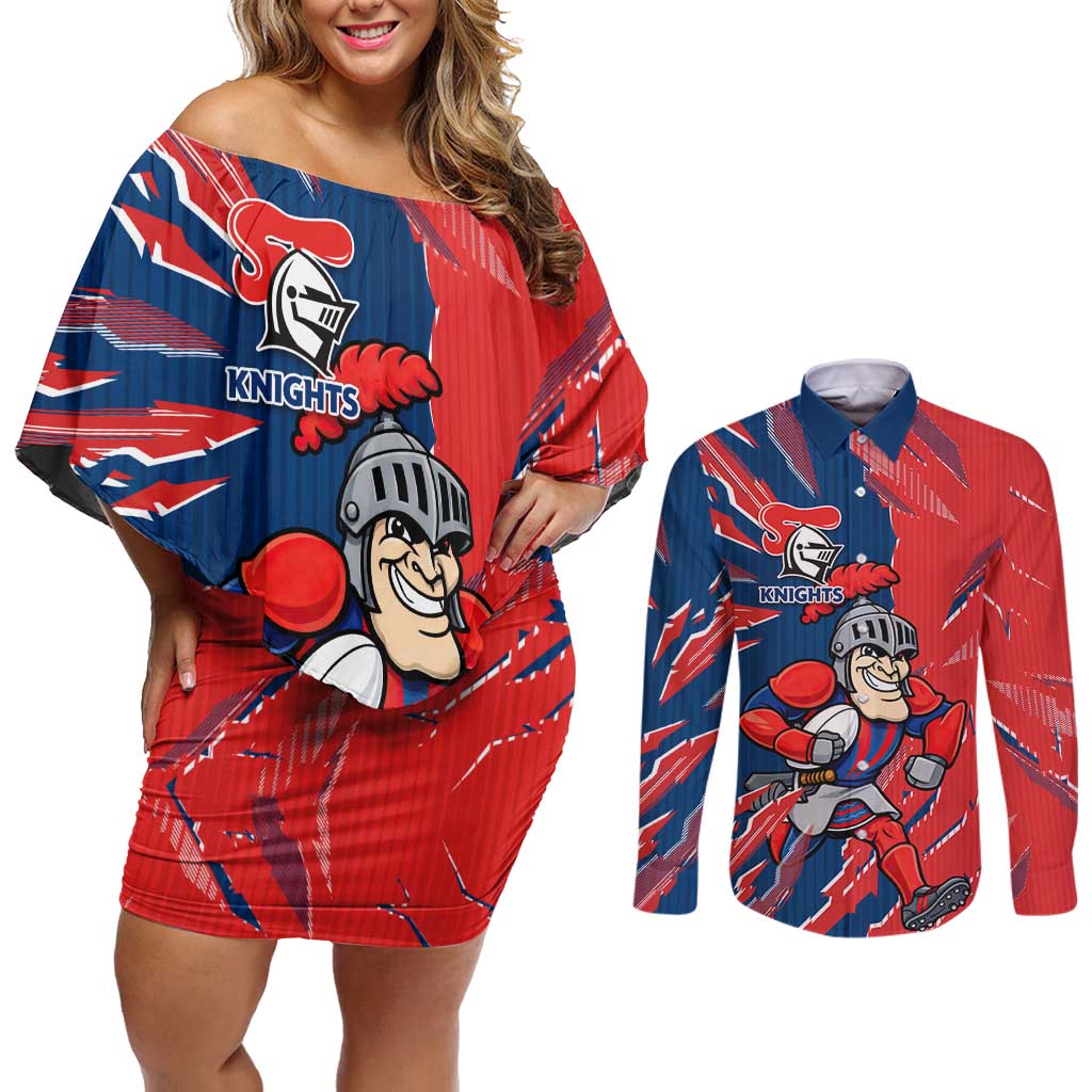 Personalized Newcastle Knights Couples Matching Off Shoulder Short Dress and Long Sleeve Button Shirt Dynamic Lightning Mascot Rugby Australia