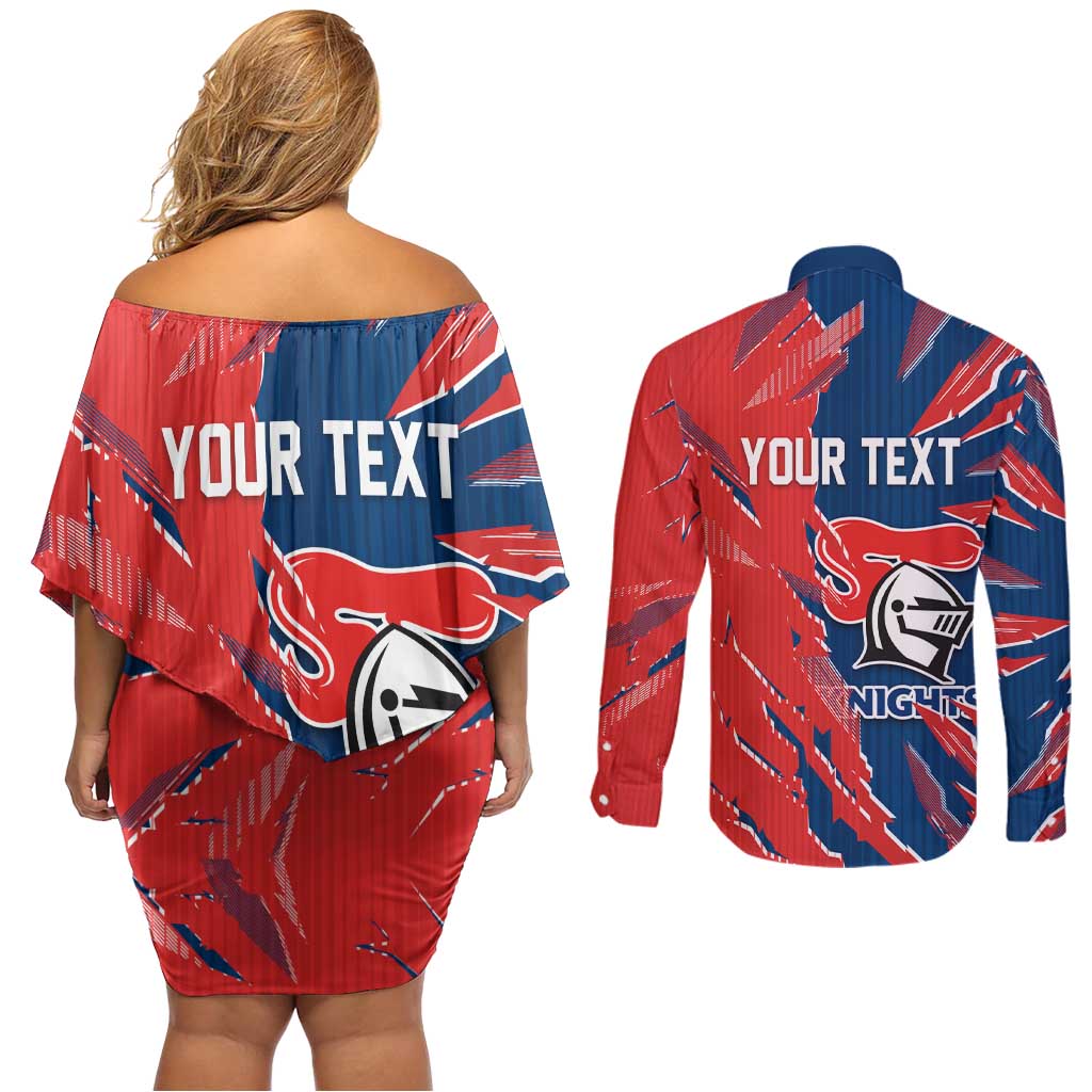 Personalized Newcastle Knights Couples Matching Off Shoulder Short Dress and Long Sleeve Button Shirt Dynamic Lightning Mascot Rugby Australia