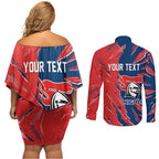 Personalized Newcastle Knights Couples Matching Off Shoulder Short Dress and Long Sleeve Button Shirt Dynamic Lightning Mascot Rugby Australia