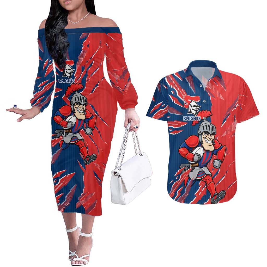 Personalized Newcastle Knights Couples Matching Off The Shoulder Long Sleeve Dress and Hawaiian Shirt Dynamic Lightning Mascot Rugby Australia