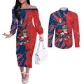 Personalized Newcastle Knights Couples Matching Off The Shoulder Long Sleeve Dress and Long Sleeve Button Shirt Dynamic Lightning Mascot Rugby Australia
