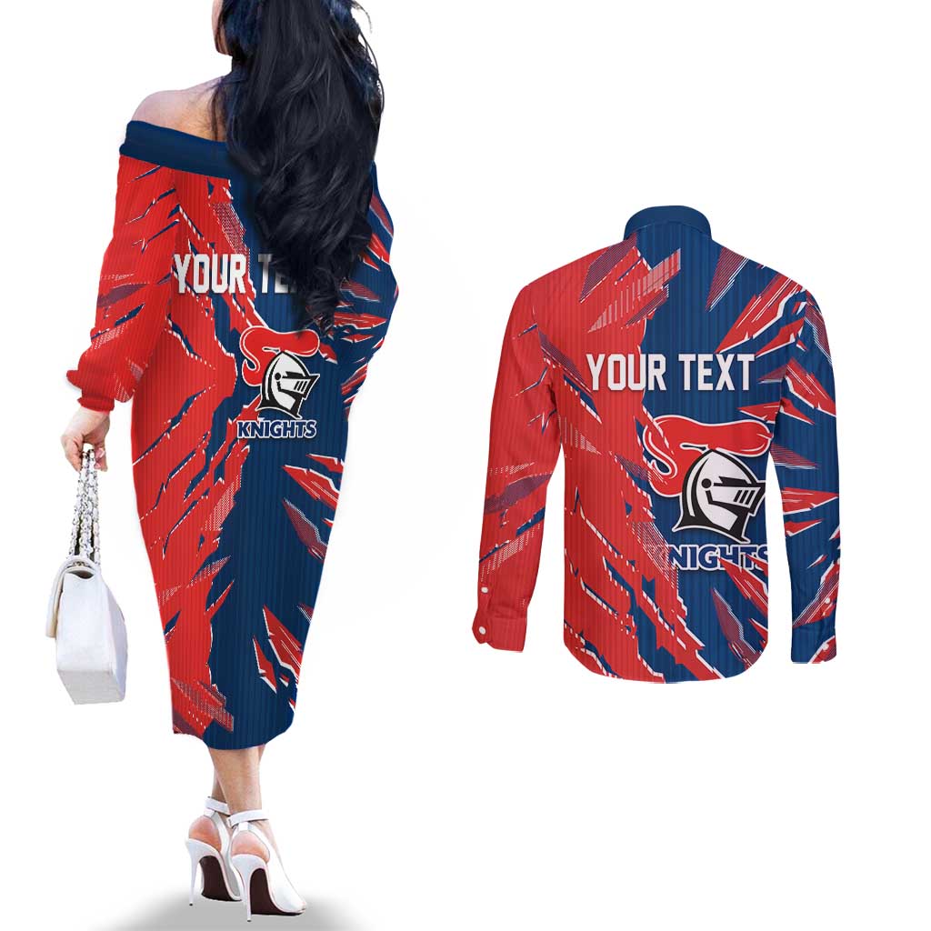 Personalized Newcastle Knights Couples Matching Off The Shoulder Long Sleeve Dress and Long Sleeve Button Shirt Dynamic Lightning Mascot Rugby Australia
