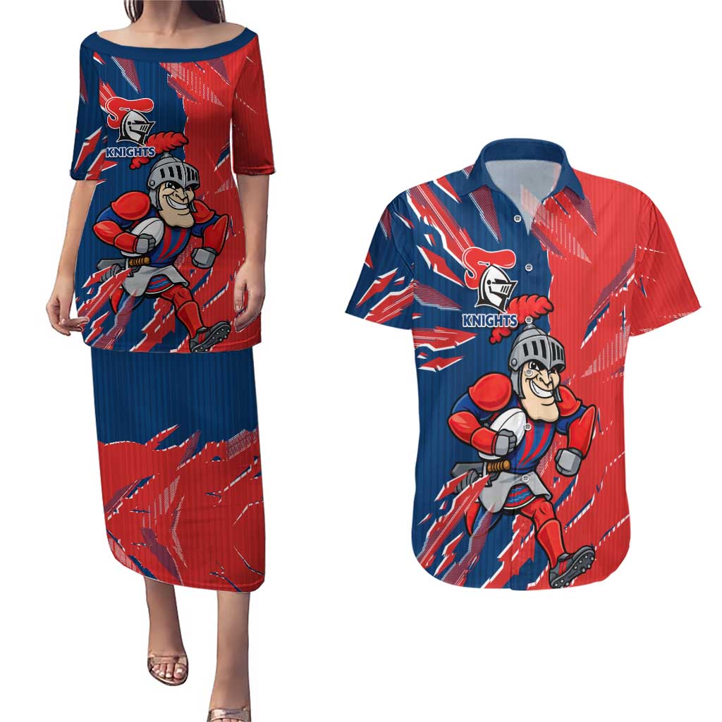 Personalized Newcastle Knights Couples Matching Puletasi and Hawaiian Shirt Dynamic Lightning Mascot Rugby Australia