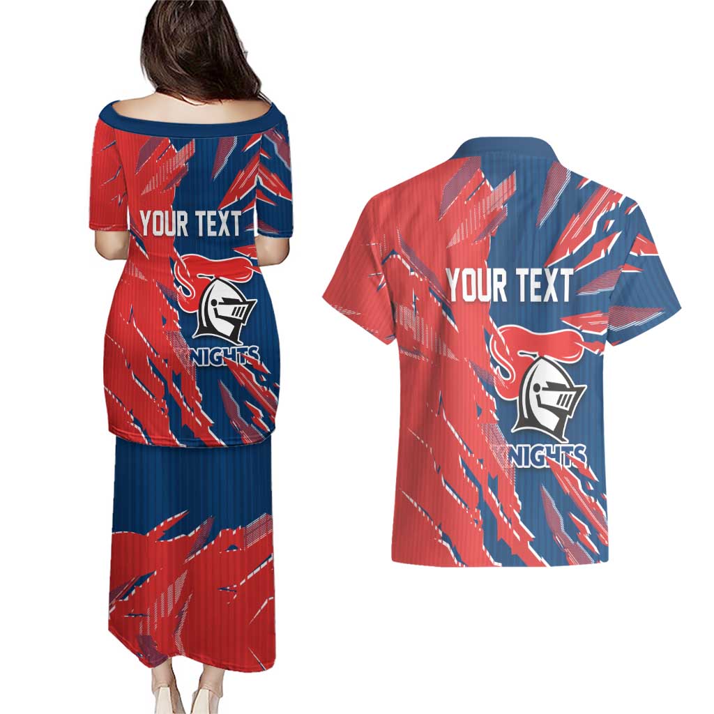 Personalized Newcastle Knights Couples Matching Puletasi and Hawaiian Shirt Dynamic Lightning Mascot Rugby Australia