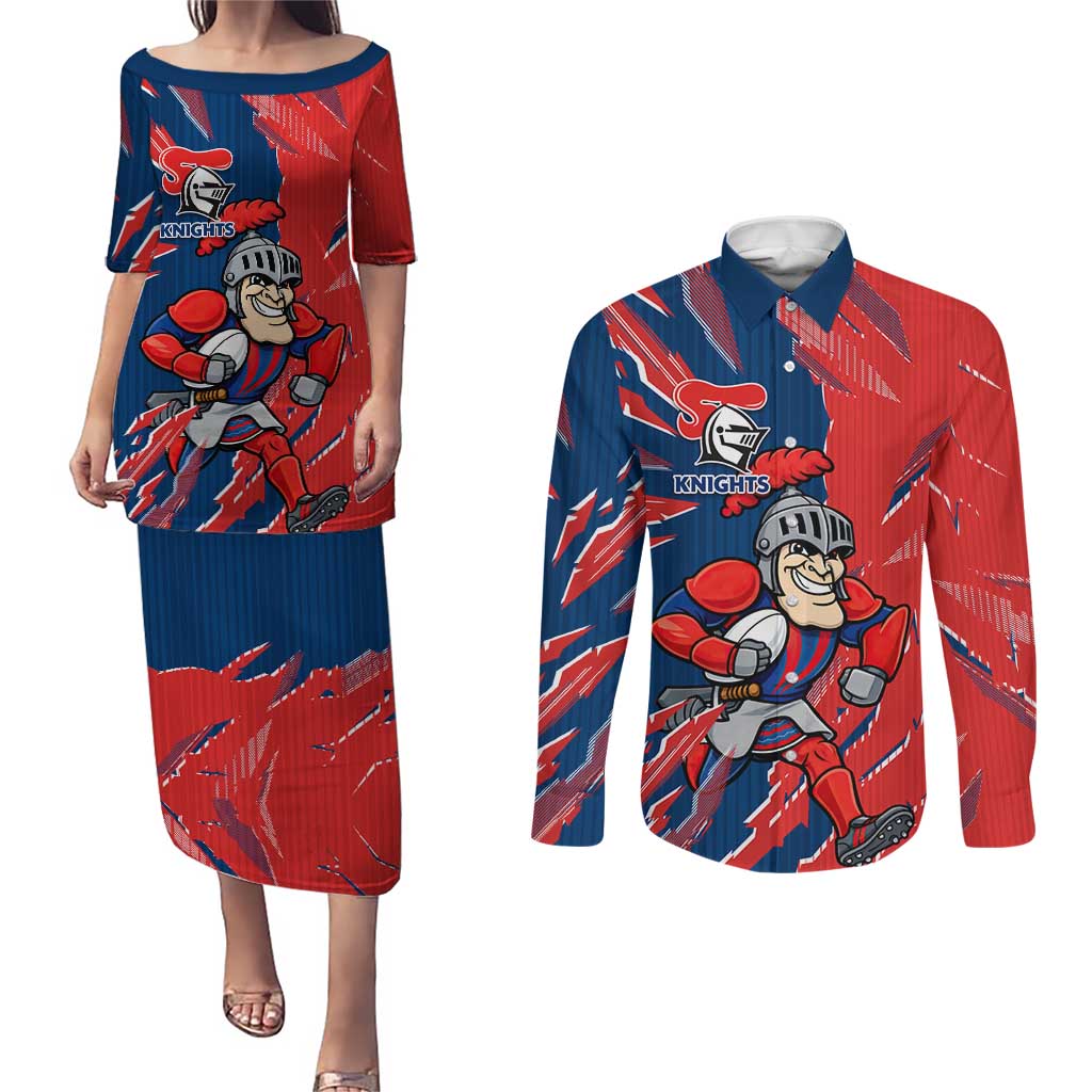 Personalized Newcastle Knights Couples Matching Puletasi and Long Sleeve Button Shirt Dynamic Lightning Mascot Rugby Australia