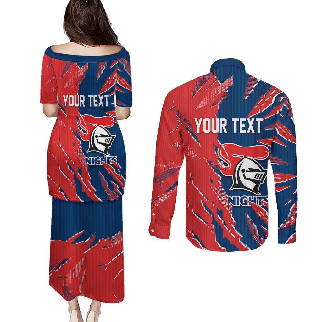 Personalized Newcastle Knights Couples Matching Puletasi and Long Sleeve Button Shirt Dynamic Lightning Mascot Rugby Australia