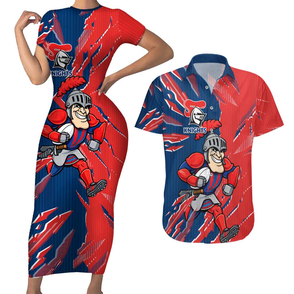 Personalized Newcastle Knights Couples Matching Short Sleeve Bodycon Dress and Hawaiian Shirt Dynamic Lightning Mascot Rugby Australia