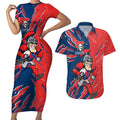 Personalized Newcastle Knights Couples Matching Short Sleeve Bodycon Dress and Hawaiian Shirt Dynamic Lightning Mascot Rugby Australia