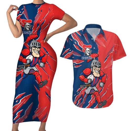 Personalized Newcastle Knights Couples Matching Short Sleeve Bodycon Dress and Hawaiian Shirt Dynamic Lightning Mascot Rugby Australia