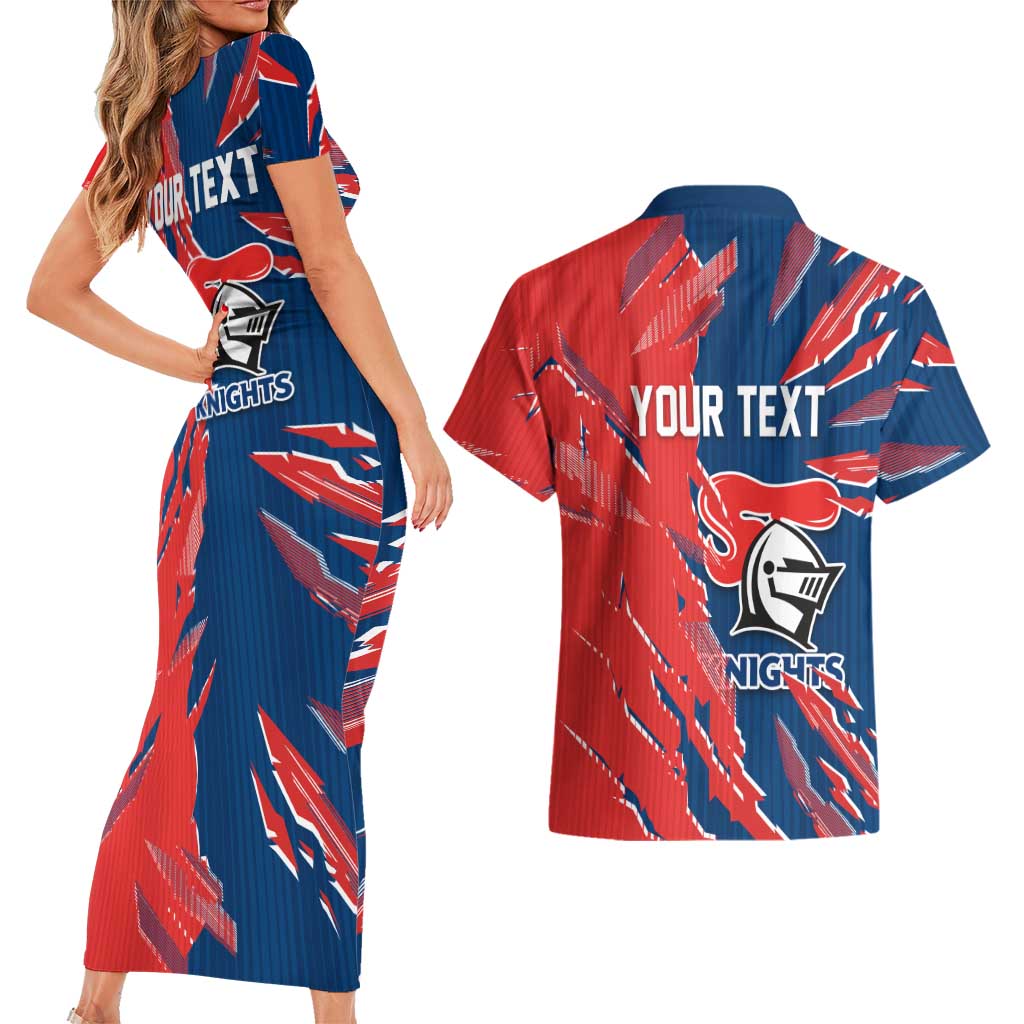 Personalized Newcastle Knights Couples Matching Short Sleeve Bodycon Dress and Hawaiian Shirt Dynamic Lightning Mascot Rugby Australia