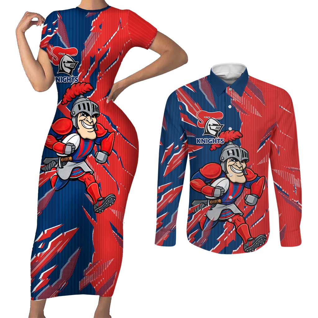 Personalized Newcastle Knights Couples Matching Short Sleeve Bodycon Dress and Long Sleeve Button Shirt Dynamic Lightning Mascot Rugby Australia