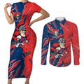 Personalized Newcastle Knights Couples Matching Short Sleeve Bodycon Dress and Long Sleeve Button Shirt Dynamic Lightning Mascot Rugby Australia