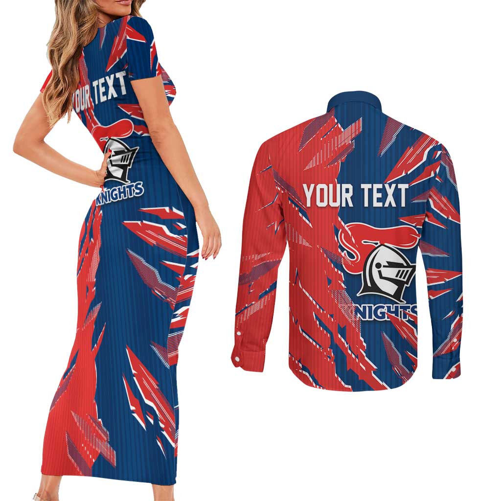 Personalized Newcastle Knights Couples Matching Short Sleeve Bodycon Dress and Long Sleeve Button Shirt Dynamic Lightning Mascot Rugby Australia