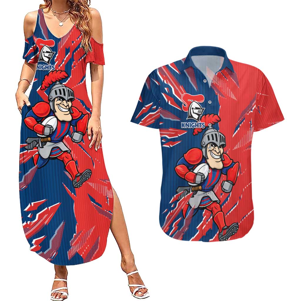 Personalized Newcastle Knights Couples Matching Summer Maxi Dress and Hawaiian Shirt Dynamic Lightning Mascot Rugby Australia