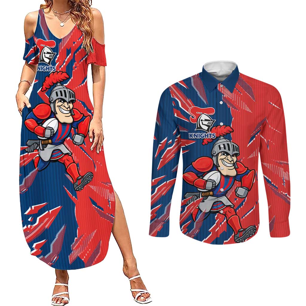 Personalized Newcastle Knights Couples Matching Summer Maxi Dress and Long Sleeve Button Shirt Dynamic Lightning Mascot Rugby Australia