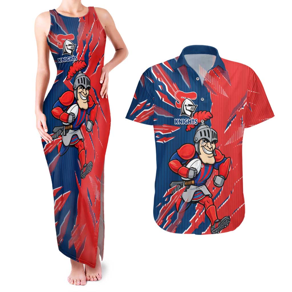 Personalized Newcastle Knights Couples Matching Tank Maxi Dress and Hawaiian Shirt Dynamic Lightning Mascot Rugby Australia