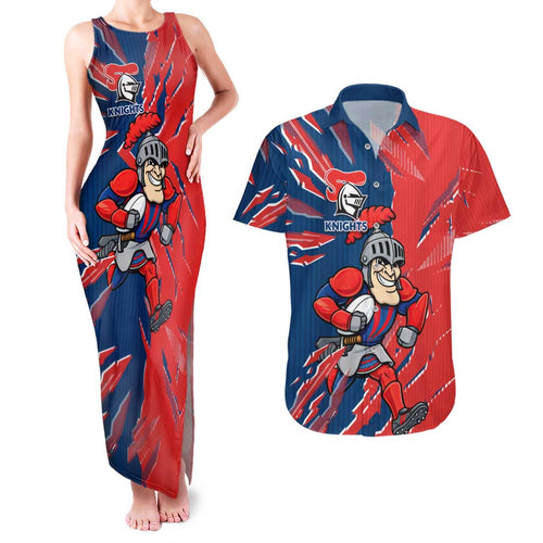 Personalized Newcastle Knights Couples Matching Tank Maxi Dress and Hawaiian Shirt Dynamic Lightning Mascot Rugby Australia
