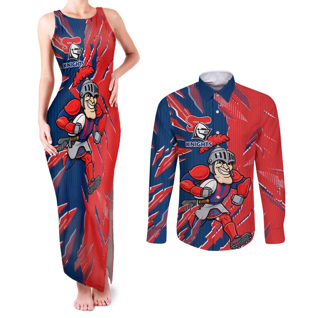 Personalized Newcastle Knights Couples Matching Tank Maxi Dress and Long Sleeve Button Shirt Dynamic Lightning Mascot Rugby Australia