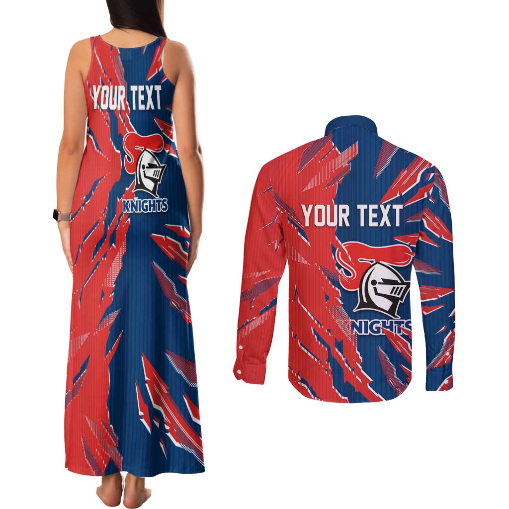 Personalized Newcastle Knights Couples Matching Tank Maxi Dress and Long Sleeve Button Shirt Dynamic Lightning Mascot Rugby Australia
