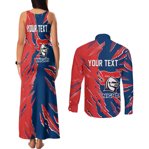 Personalized Newcastle Knights Couples Matching Tank Maxi Dress and Long Sleeve Button Shirt Dynamic Lightning Mascot Rugby Australia