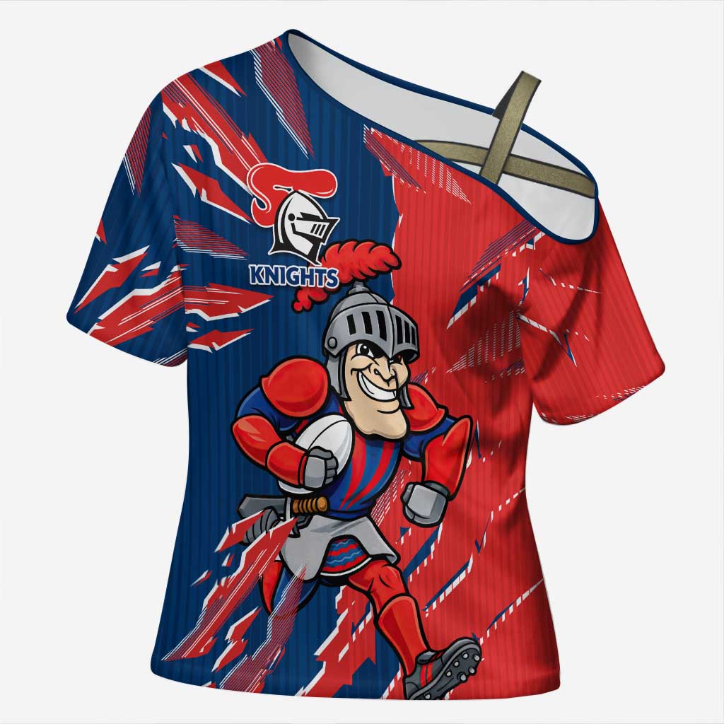 Personalized Newcastle Knights Cross Shoulder Shirt Dynamic Lightning Mascot Rugby Australia